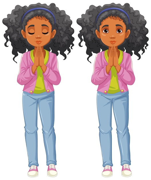 Free vector praying woman with curly hair a vector illustration