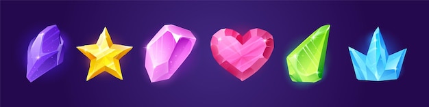 Precious gems crystal stones in shape of heart star triangle and crown Vector cartoon set of shiny color gemstones topaz amethyst quartz Game icons of magic mineral crystals