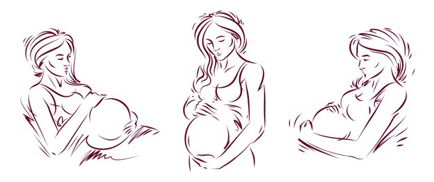 임신과 모성 테마 벡터 삽화는 흰색 배경에 격리된 임신한 여성의 그림, 태아기 임신한 아름다운 여성의 새로운 삶의 테마를 설정합니다.