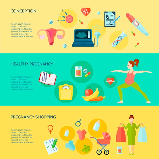 Pregnancy horizontal banners set with pregnancy shopping symbols 