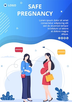 Pregnant mother and maternity insurance flyer health care template flat illustration editable of square background for social media or greetings card
