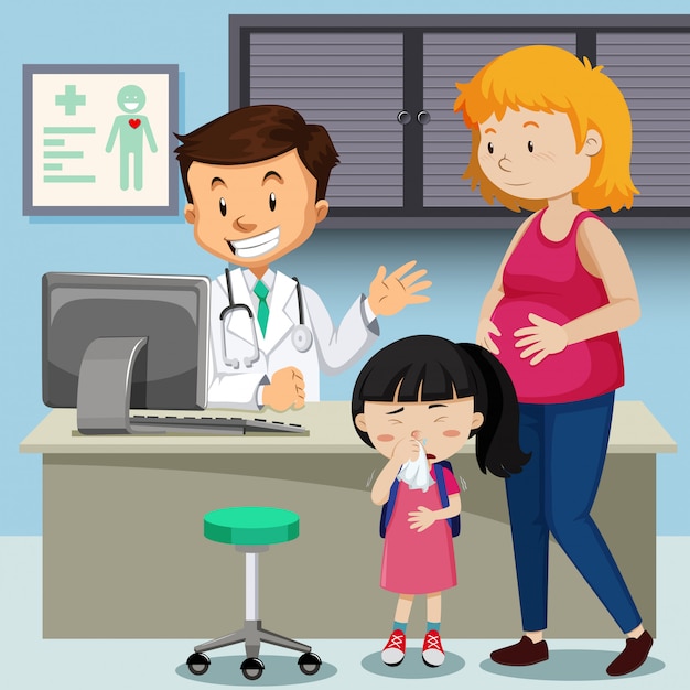 Free vector pregnant mother with sick girl meeting doctor