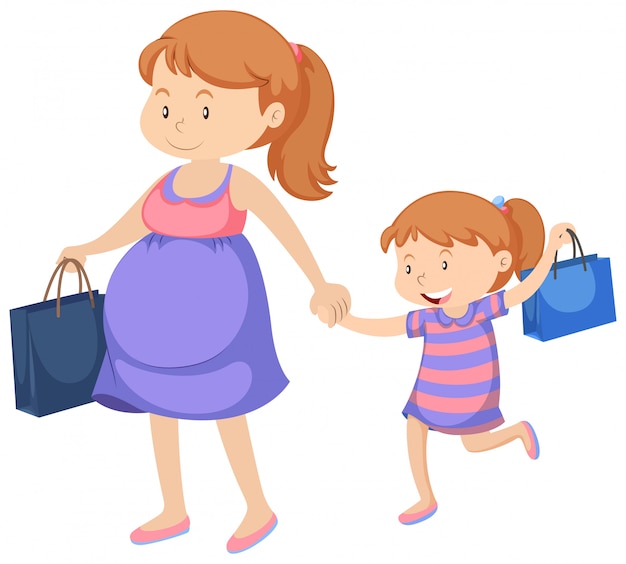 임신 한 여자와 어린 소녀 쇼핑