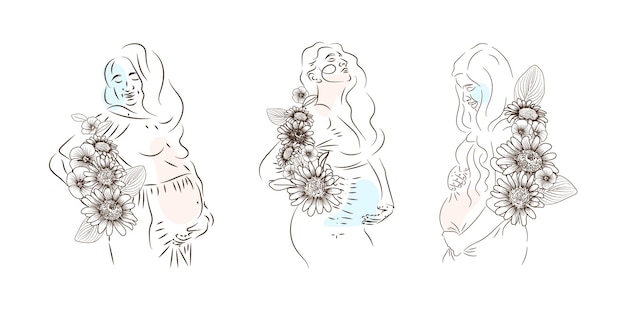 Беременная женщина с набором цветочных линий