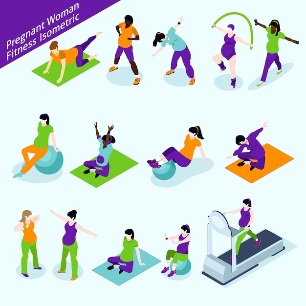 Free vector pregnant women fitness isometric set