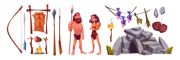 無料Vector 先史時代の洞窟の人々 原始的な穴居人の家族