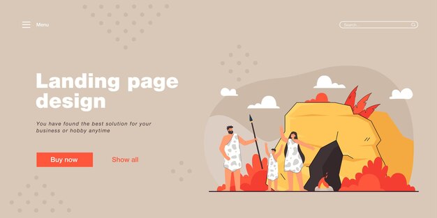Prehistoric family standing near cave landing page template