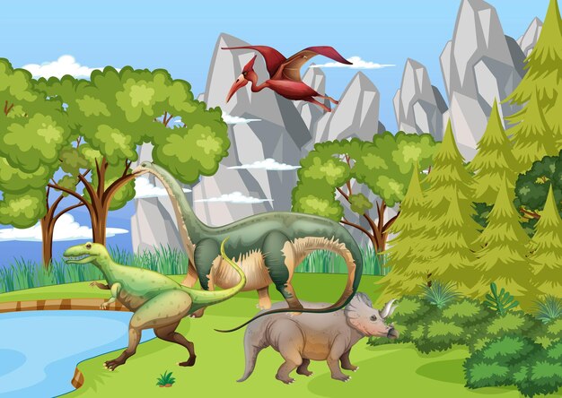 Prehistoric forest with dinosaur cartoon