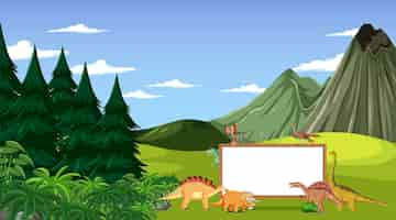 Free vector prehistoric forest with empty board and dinosaur