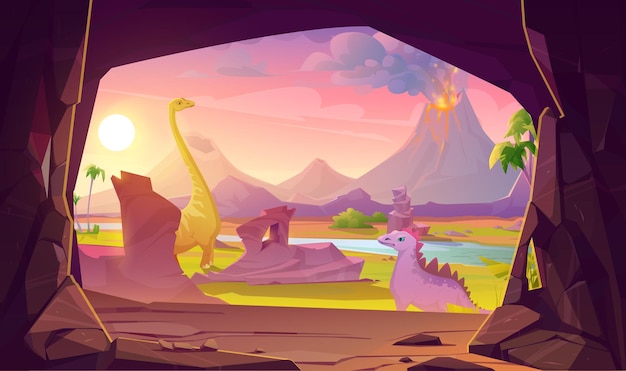 Бесплатное векторное изображение Доисторическая сцена с динозаврами, вулканом и пещерой