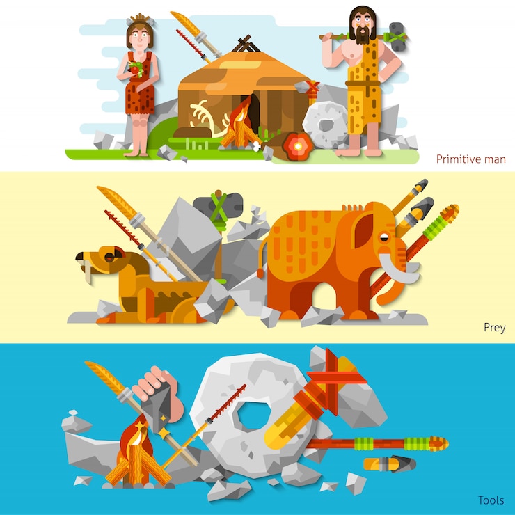 Free Vector prehistoric stone age caveman banners