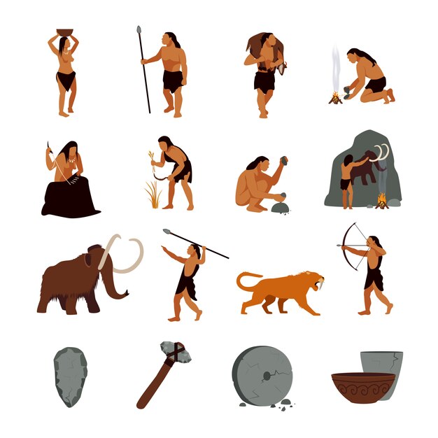 Prehistoric stone age icons set