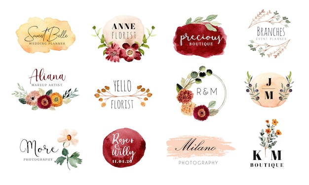 Premade logo floral and brush stroke watercolor collection