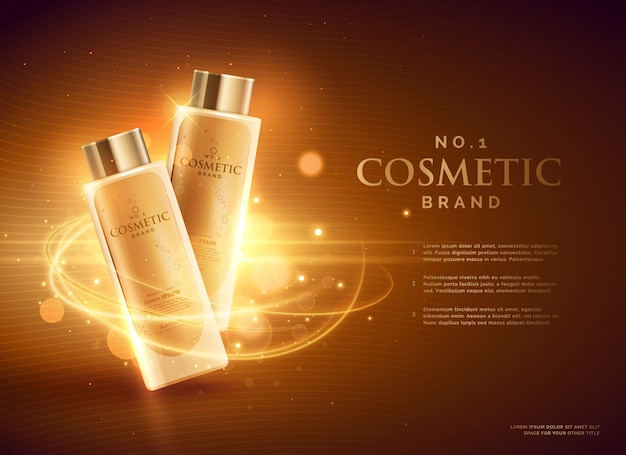 Cosmetici concetto di design premium pubblicità del marchio con glitter e bokeh sfondo dorato