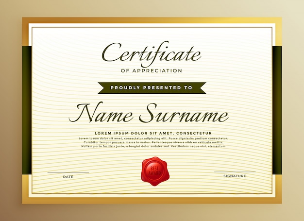 Premium golden certificate of appreciation template