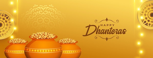 Vettore gratuito banner di saluto premium happy dhanteras con vaso d'oro e vettore di luce incandescente