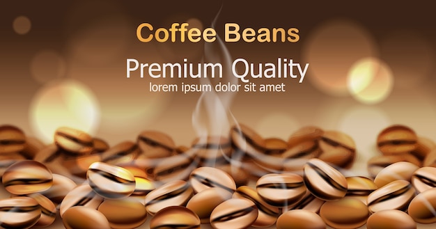 Premium quality coffee beans with smoke from them. Sparkling circles in background. Place for text. 
