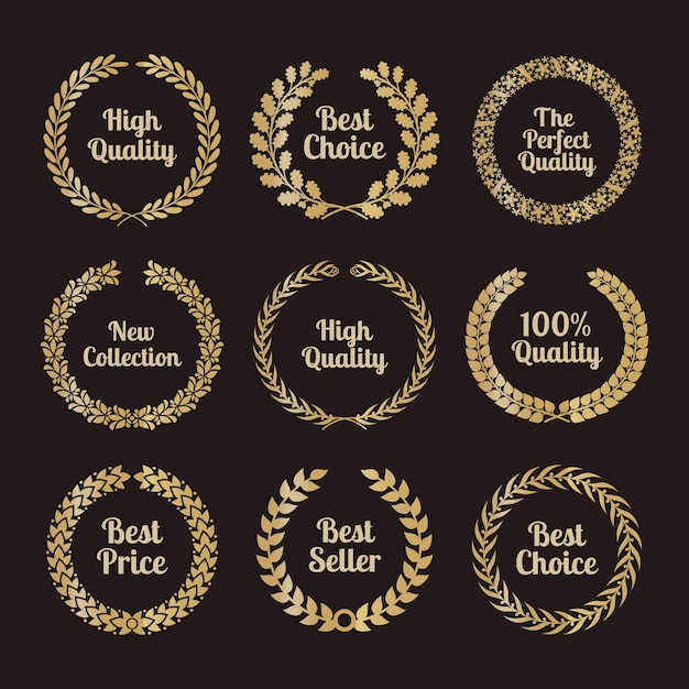 Premium quality laurel wreaths in retro style. Badge sign golden, award and golden.