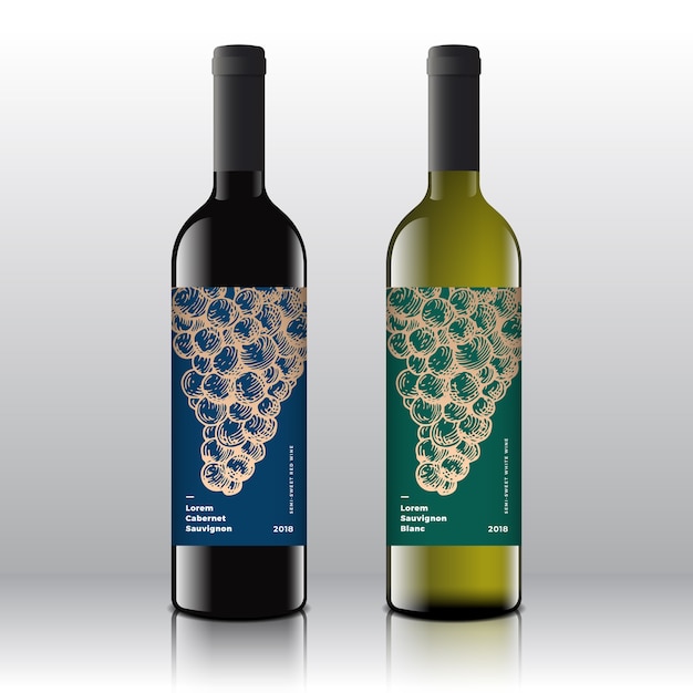 Premium quality red and white wine labels set on the realistic  bottles.