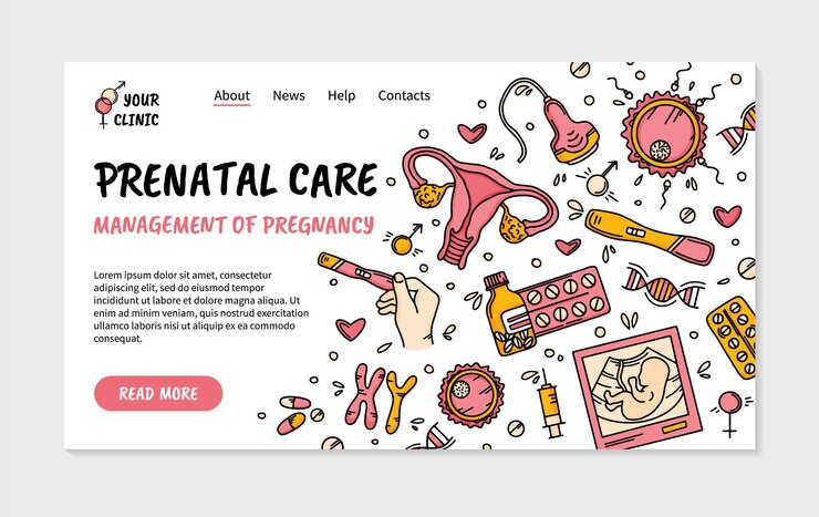  Prenatal care and pregnancy clinic landing page in doodle style Premium Vector