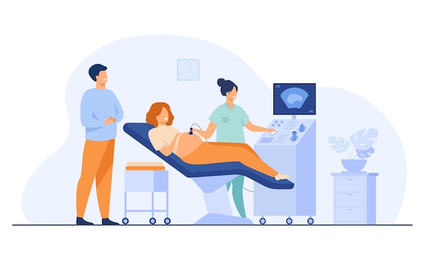 Free vector prenatal care . sonographer scanning and examining pregnant woman while expecting father looking at monitor. vector illustration for medical examination, sonography, ultrasound test topics