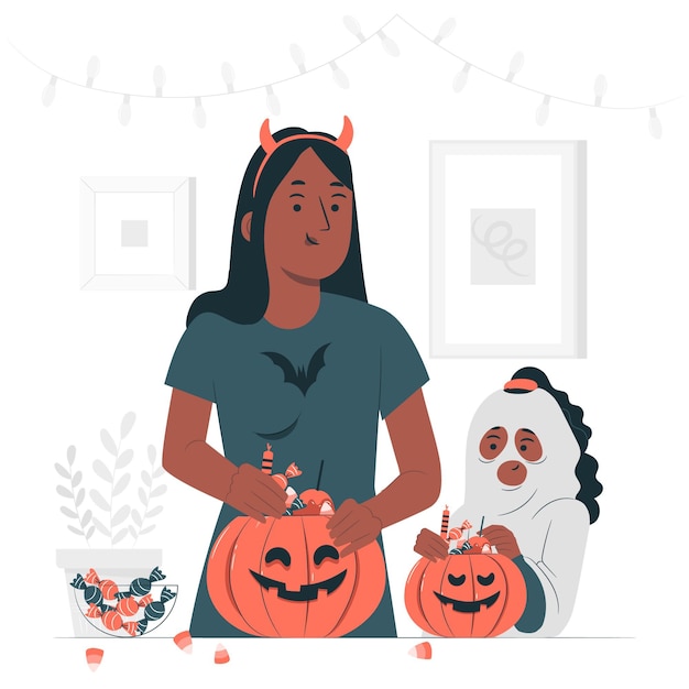 Preparing halloween candies basket concept illustration