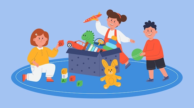 Preschool children with box of toys including car, ball, plane, dinosaur at play in room. cartoon kids or young students playing with friends in classroom flat vector illustration. playtime concept