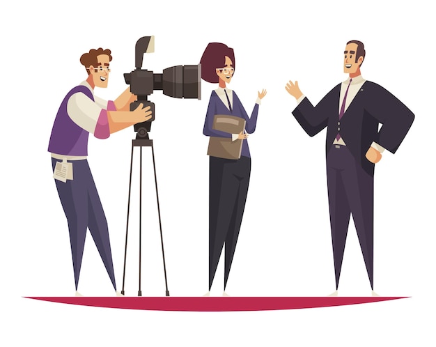 President composition with characters of president giving interview to female reporter and male cameraman vector illustration