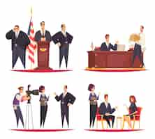 Free vector president at work concept 4 flat cartoon compositions with podium speech guards interview in office vector illustration