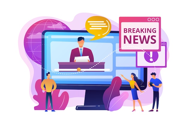 Free vector press, mass media, broadcasting studio. journalists, reporters characters. hot online information, breaking news, headline news content concept.