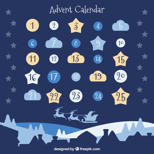 Pretty advent calendar with days in a shape of clouds, stars and baubles