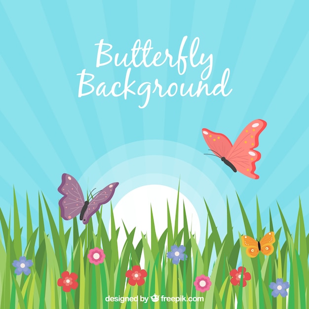 Pretty background of butterflies flying and decorative flowers