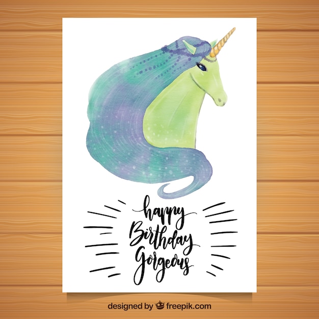 Free vector pretty birthday card with watercolor unicorn