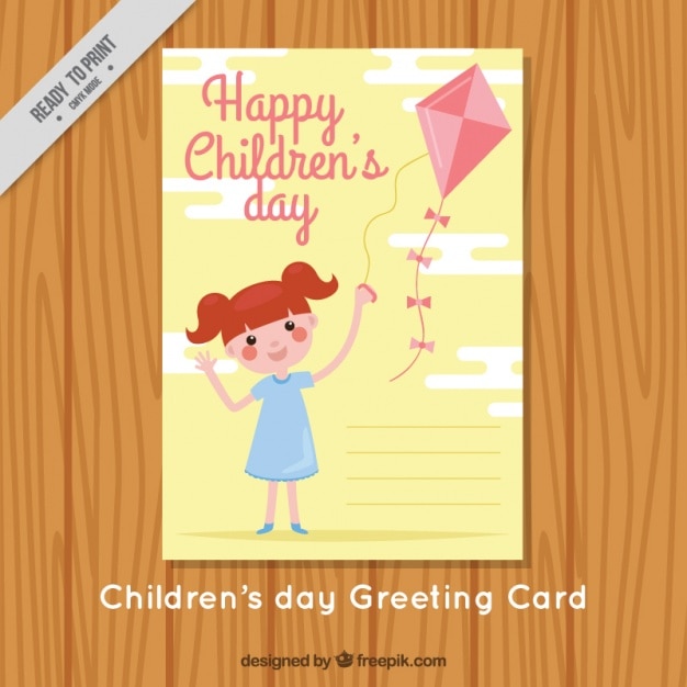 Free vector pretty card of girl with kite