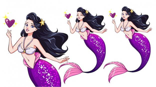 Pretty Cartoon Mermaid Holding Magical Heart Black Hair And Shiny