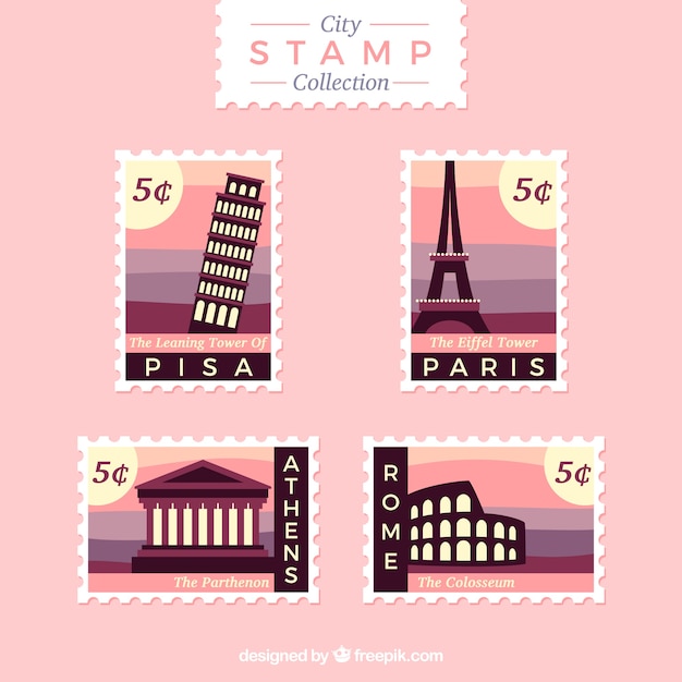 보라색 톤의 예쁜 도시 우표