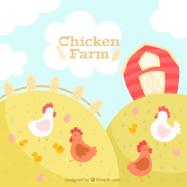 Free vector pretty farm with chickens background