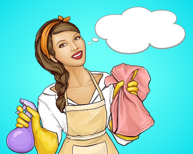 Pretty housewife advertising a cleaning service cartoon