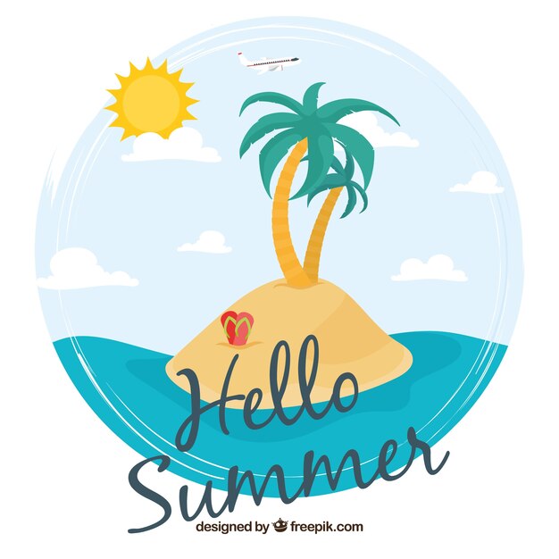 Pretty island background with text "hello summer"