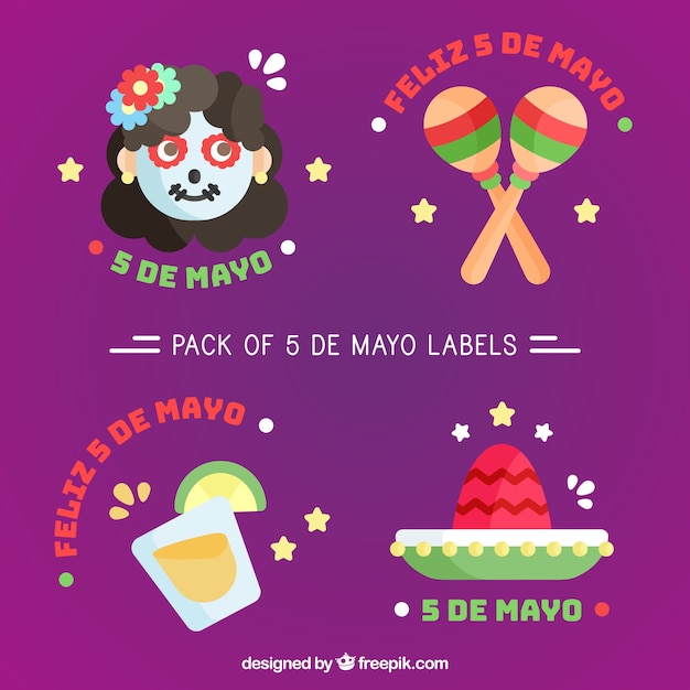 Cinco de mayoのためのフラットデザインのかわいいラベル