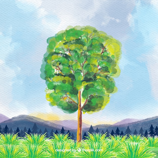 Pretty landscape with watercolor tree