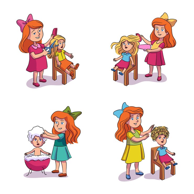 Free Vector pretty little girl playing with doll isolated set cute child doing hairstyle cutting combing or drying hair washing toy head in bathroom happy childhood and fun game