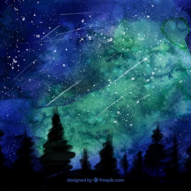 Pretty night landscape watercolor background with stars