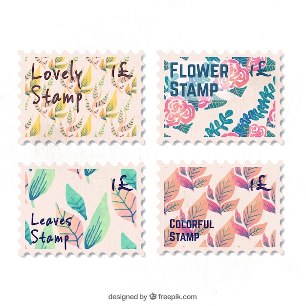 Free vector pretty post stamps with leaves and flowers