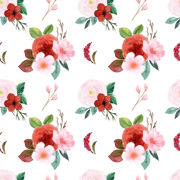 Pretty Red And Pink Watercolor Floral Seamless Pattern