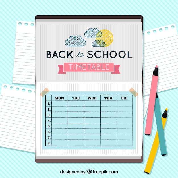 Pretty school timetable with hand drawn sun and clouds