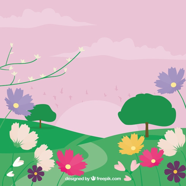 Free vector pretty spring sunset with flowers