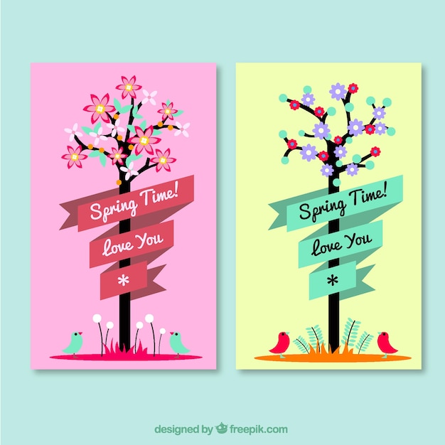 Free vector pretty spring tree cards with ribbons