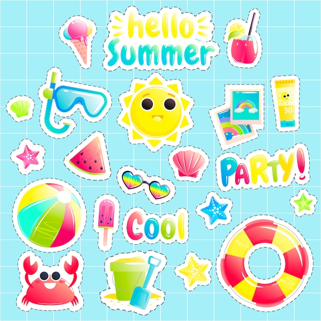 Free Vector  pretty sun and crab and watermelon and beach ball 