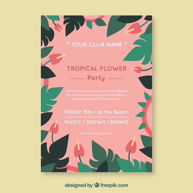 Pretty tropical party invitation with flowers